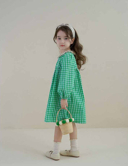 [5071052] - Baju Dress Lengan Panjang Fashion Anak Perempuan - Motif Gingham Plaid