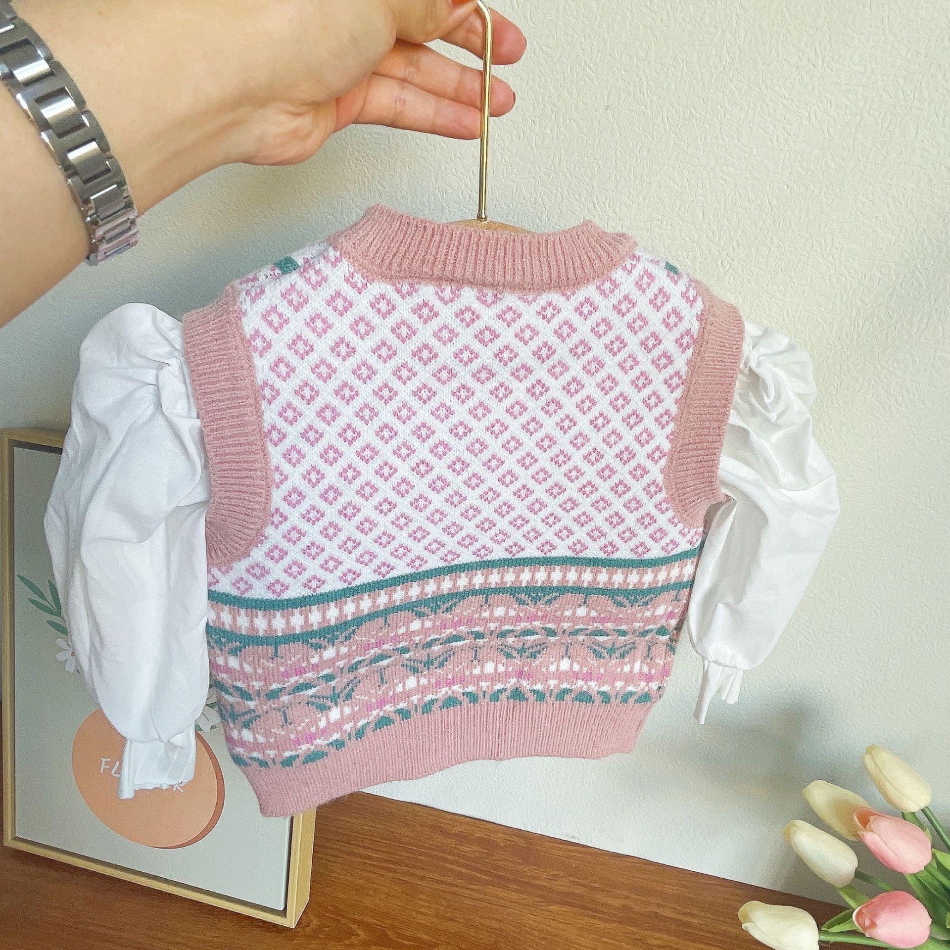 [363589] - Oneset 3in1 Setelan Baju  Fashion Blouse Rompi Rajut Knit Vest Celana Jeans Rawis Anak Perempuan Cewek - Motif Pattern