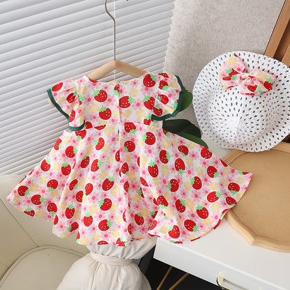 [352382] - Baju Mini Dress Pantai Fashion Anak Perempuan - Motif Ribbon Strawberries