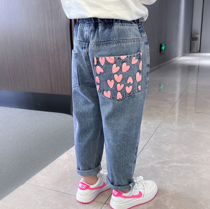 [508231] - Bawahan Celana Panjang Jeans Fashion Import Anak Perempuan - Motif Heart Pocket