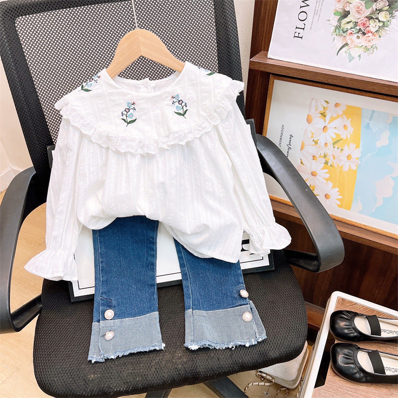 [363825] - Setelan Baju Blouse Lengan Panjang Celana Jeans Panjang Fashion Anak Perempuan - Motif White Flowers