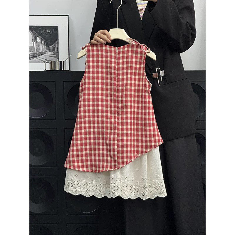 [5071192] - One Set 2in1 Baju Setelan Dress Atasan Lengan Kutung Korean Version Style Anak Perempuan Cewek - Motif Top Color Box Bottom Lace - BABYHOKI STORE