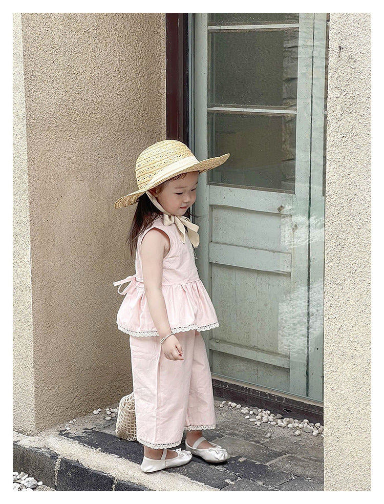 [5071106] - One Set 2in1 Baju Setelan Atasan Pink Lengan Kutung Bawahan Celana Panjang Fashion Korean Style Anak Perempuan Cewek - Motif Style Pink Solid - BABYHOKI STORE