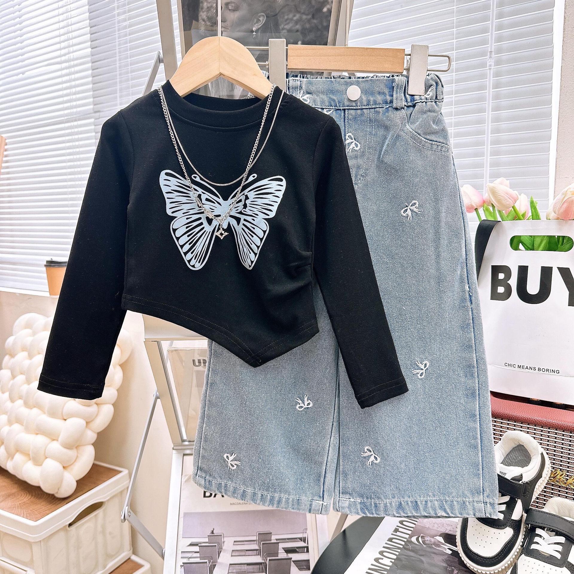 [363820] - Setelan One Set Baju Kaos Lengan Panjang Celana Jeans Kulot Panjang Fashion Anak Perempuan - Motif Butterfly