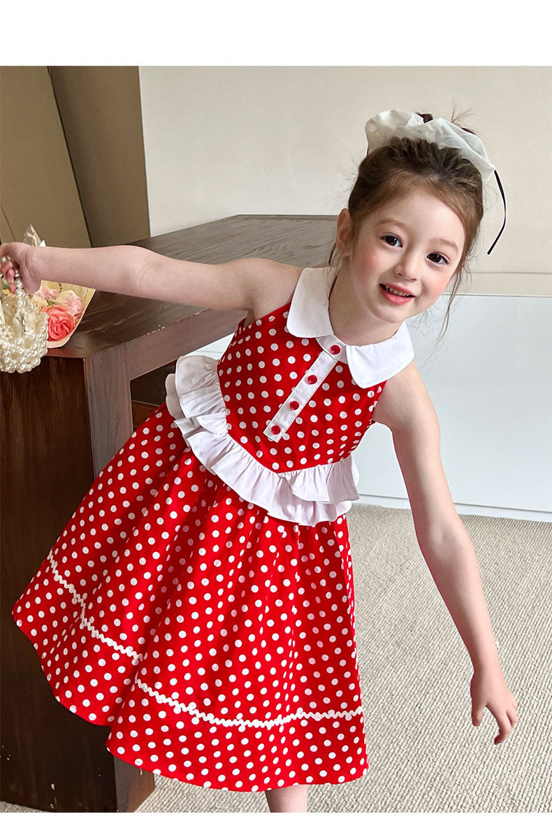 [5071081] - Baju Dress Summer Gaun Lengan Kutung Fashion Anak Perempuan Cewek - Motif Polka Basic Colour Red - BABYHOKI STORE