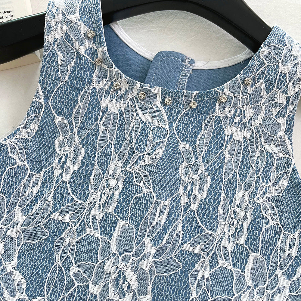 [963143] - One Set 2in1 Baju Setelan Atasan Lengan Kutung Bawahan  Rok Pendek Korean Version Syle Anak Perempuan Cewek - Motif Denim Lace - BABYHOKI STORE - BABYHOKI STORE