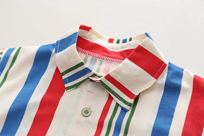 [345420] - Baju Setelan Kemeja Lengan Pendek Celana Pendek Anak Cowok Fashion - Motif Side Stripped