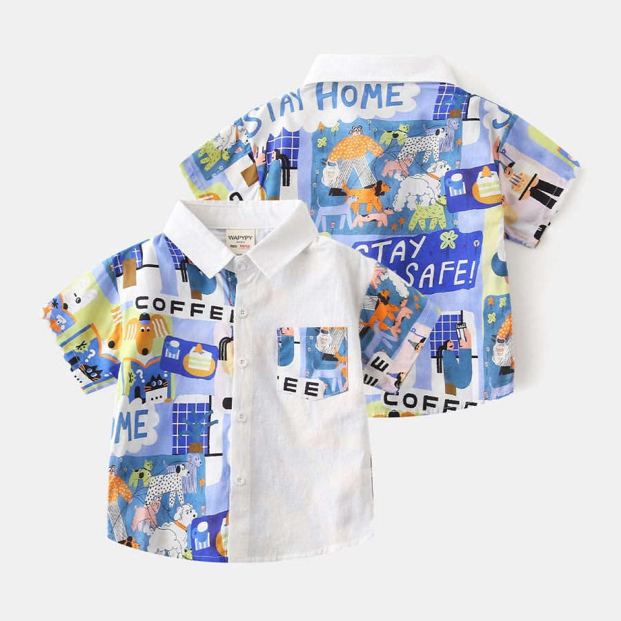 [383218] - Atasan Baju Kemeja Lengan Pendek Anak Laki-Laki - Motif Letters and Animals