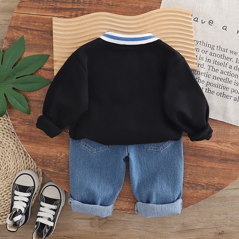 [345491] - One Set 2in1 Baju Setelan Atasan Berkerah Lengan Panjang Bawahan Celana Panjang Jeans Fashionable Anak Cowok Laki-Laki - Motif Animal Pictures - BABYHOKI STORE - BABYHOKI STORE