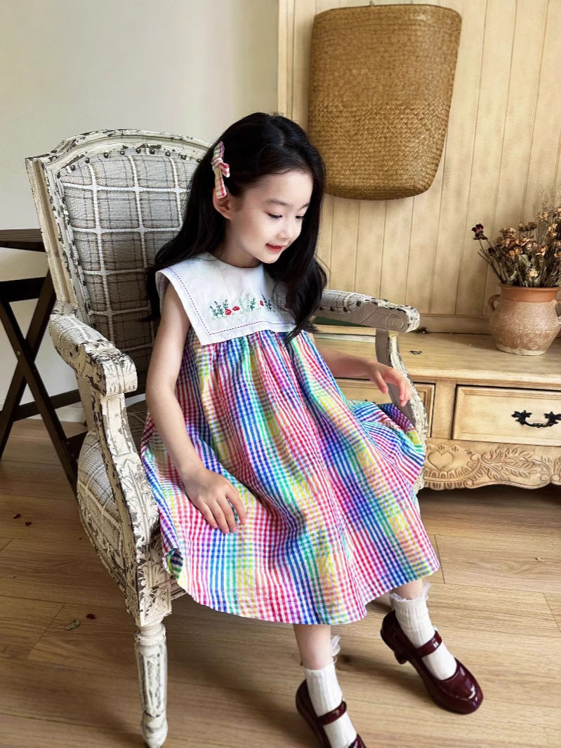 [5071123] - Baju Dress Summer Gaun Lengan Kutung Fashion Trendi Anak Perempuan Cewek - Motif Rainbow Plaid - BABYHOKI STORE
