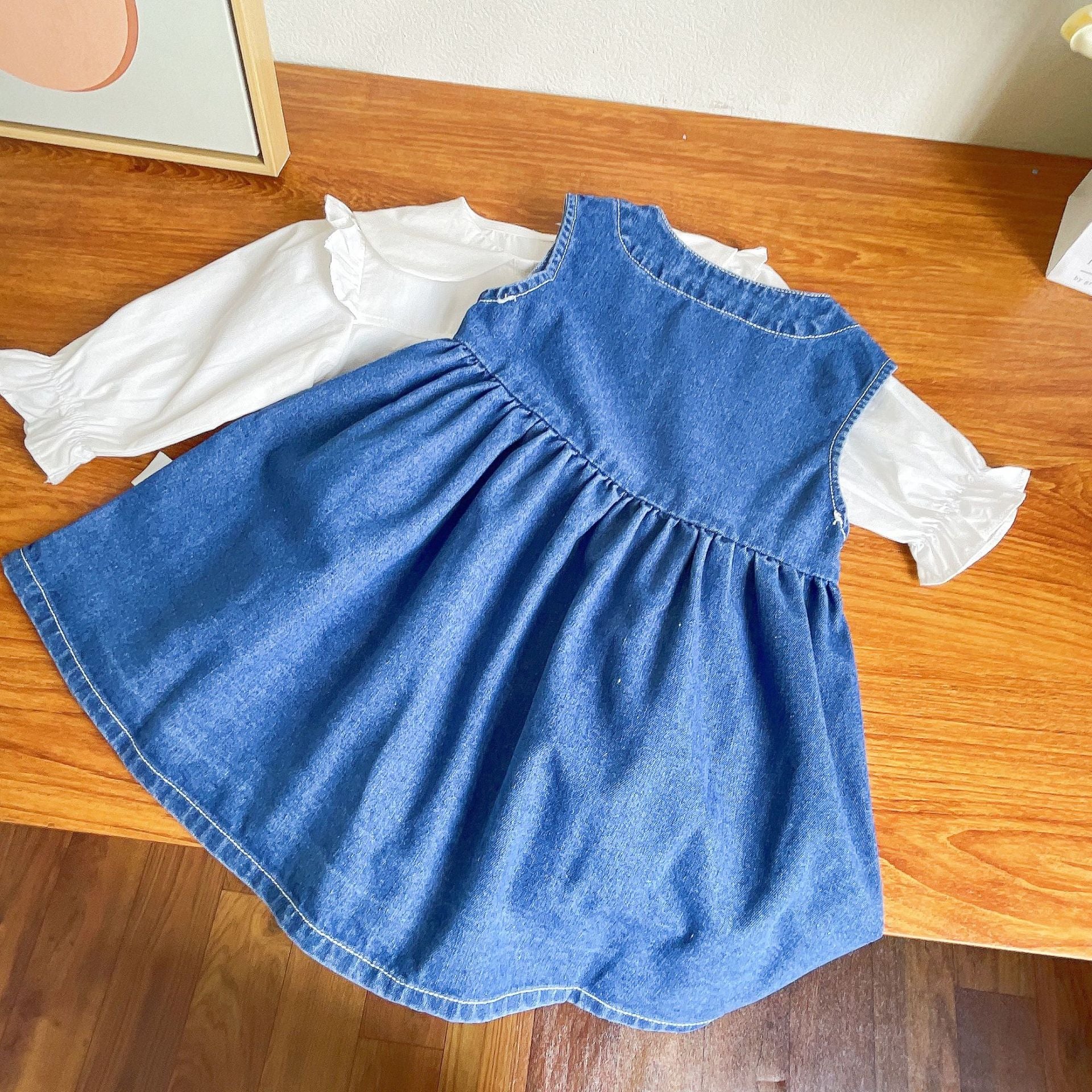 [363594] - Setelan Blouse Dress Denim Bordir Anak Perempuan - Motif Button Flower