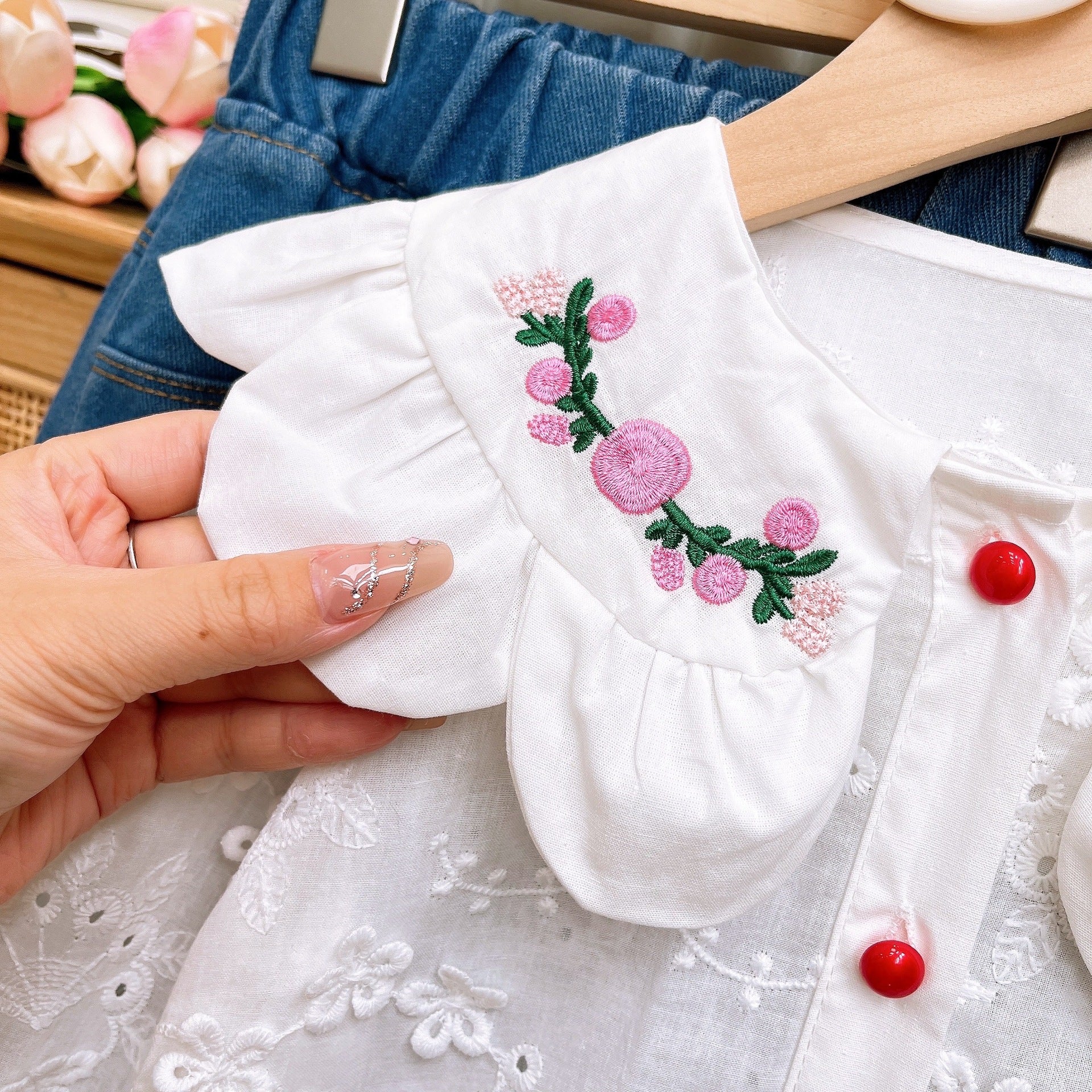 [363805] - Setelan 2in1 Baju Blouse Lengan Panjang Celana Panjang Jeans Fashion Anak Perempuan Cewek - Motif Little Flower