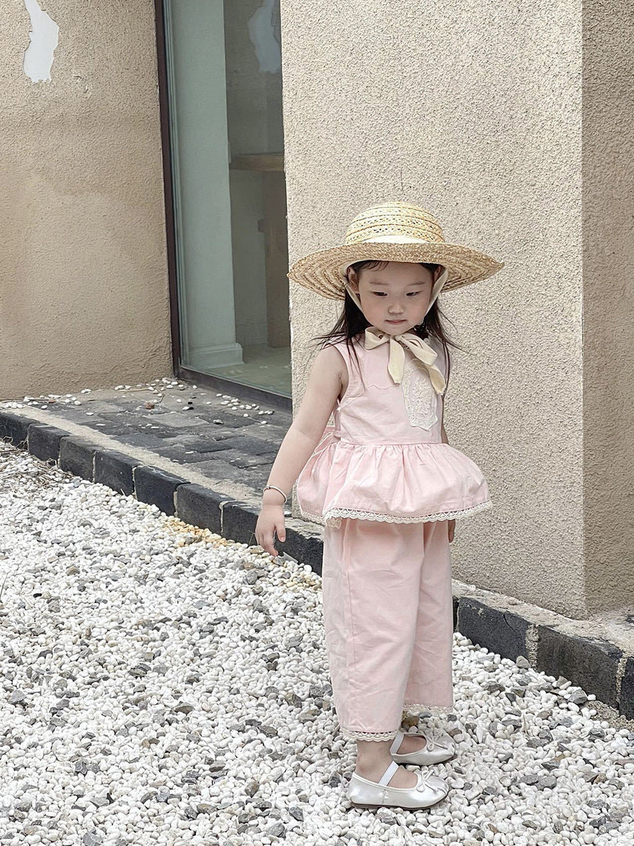 [5071106] - One Set 2in1 Baju Setelan Atasan Pink Lengan Kutung Bawahan Celana Panjang Fashion Korean Style Anak Perempuan Cewek - Motif Style Pink Solid - BABYHOKI STORE