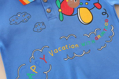 [345376] - Setelan Kaos Polo Celana Pendek Denim Anak Laki-Laki - Motif Airplane Cloud