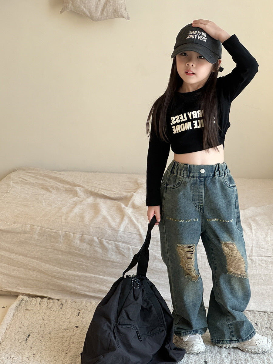 [5071076] - Bawahan Celana Panjang Kulot Jeans Sobek Fashion Anak Perempuan Cewek - Motif Retro Denim - BABYHOKI STORE