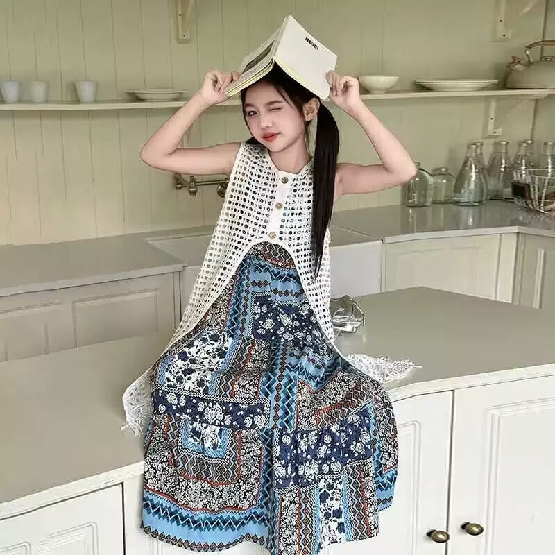 [5071097] - One Set 2in1 Baju Setelan Dress Summer Lengan Kutung Vest Kutung Rumbai Fashion Anak Perempuan Cewek - Motif Ethnic Style - BABYHOKI STORE