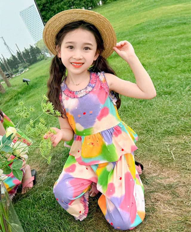 [5071057] - Setelan Baju Kutung Celana Panjang Santai Fashion Anak Perempuan - Motif Colorful Flower