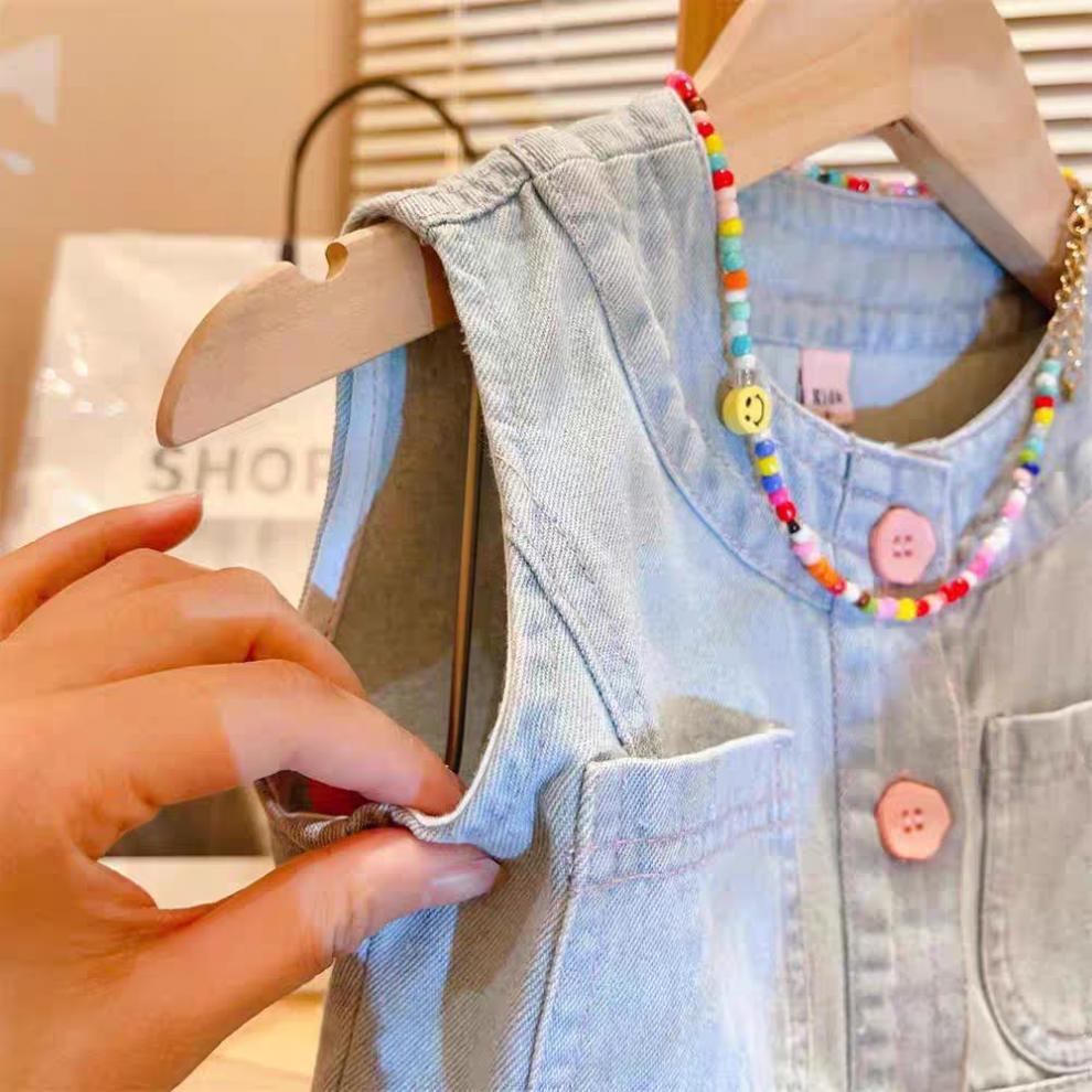 [363762] - Setelan Korea Sporty Padel Tennis One Set Denim Jeans Baju Crop Tanpa Lengan Bawahan Rok Mini Fashion Anak Perempuan - Motif Flower Button