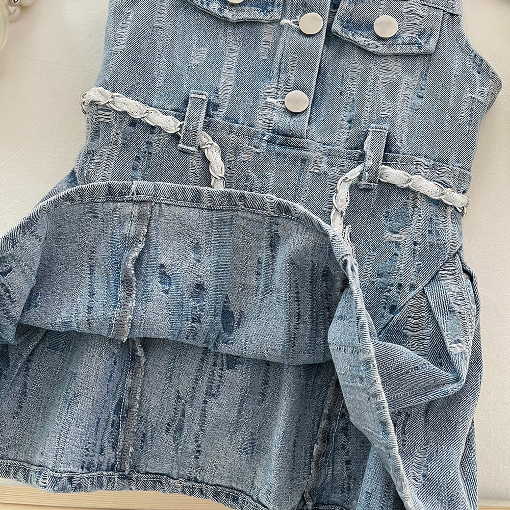 [963203] - Baju Gaun Dress Lengan Kutung Korean Version Style Anak Perempuan Cewek - Motif Small Denim Rips - BABYHOKI STORE - BABYHOKI STORE