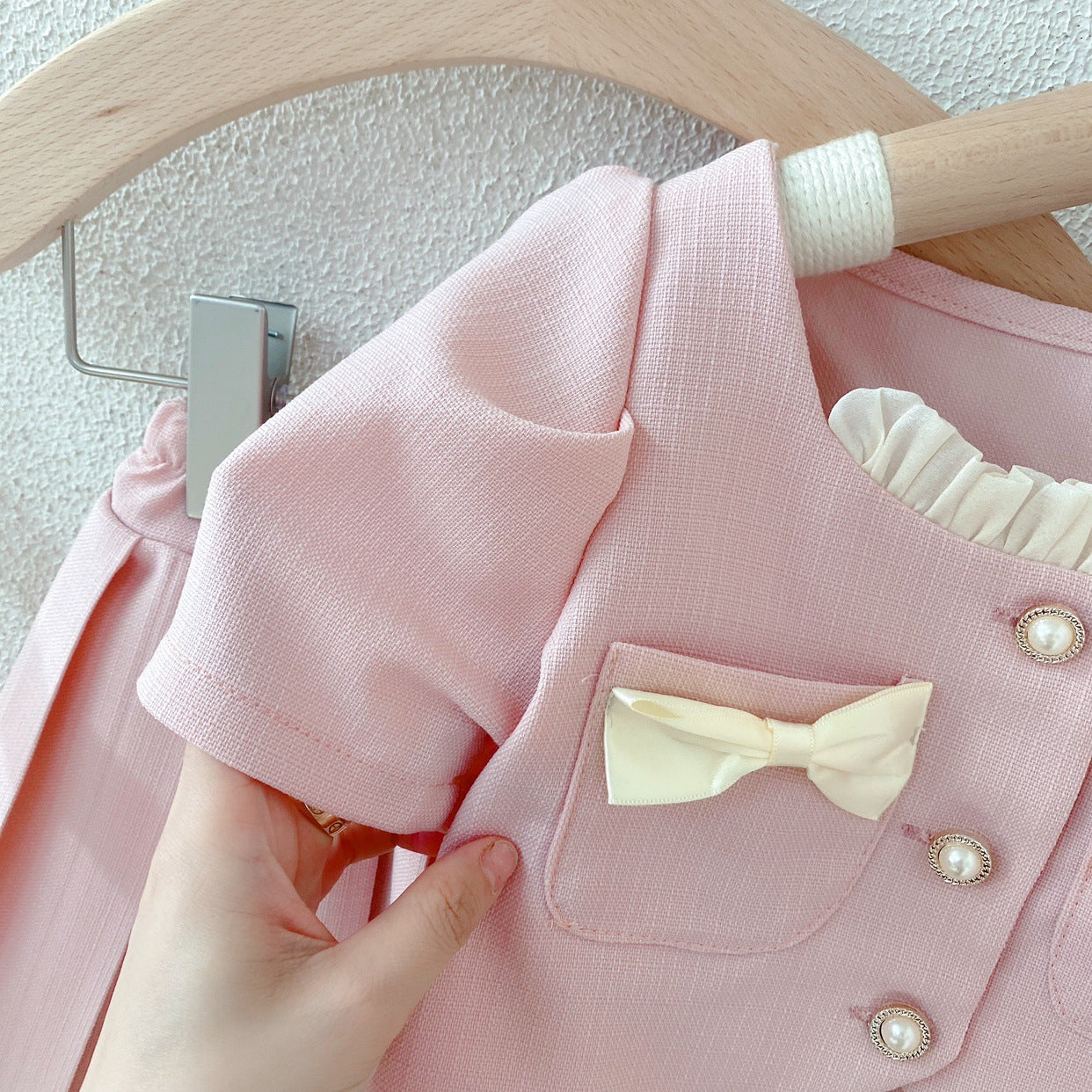 [363636] - Setelan Mewah Ala Korea Pink Oneset Atasan Cardigan Lengan Pendek Bawahan Rok Anak Perempuan - Motif Cute Ribbon