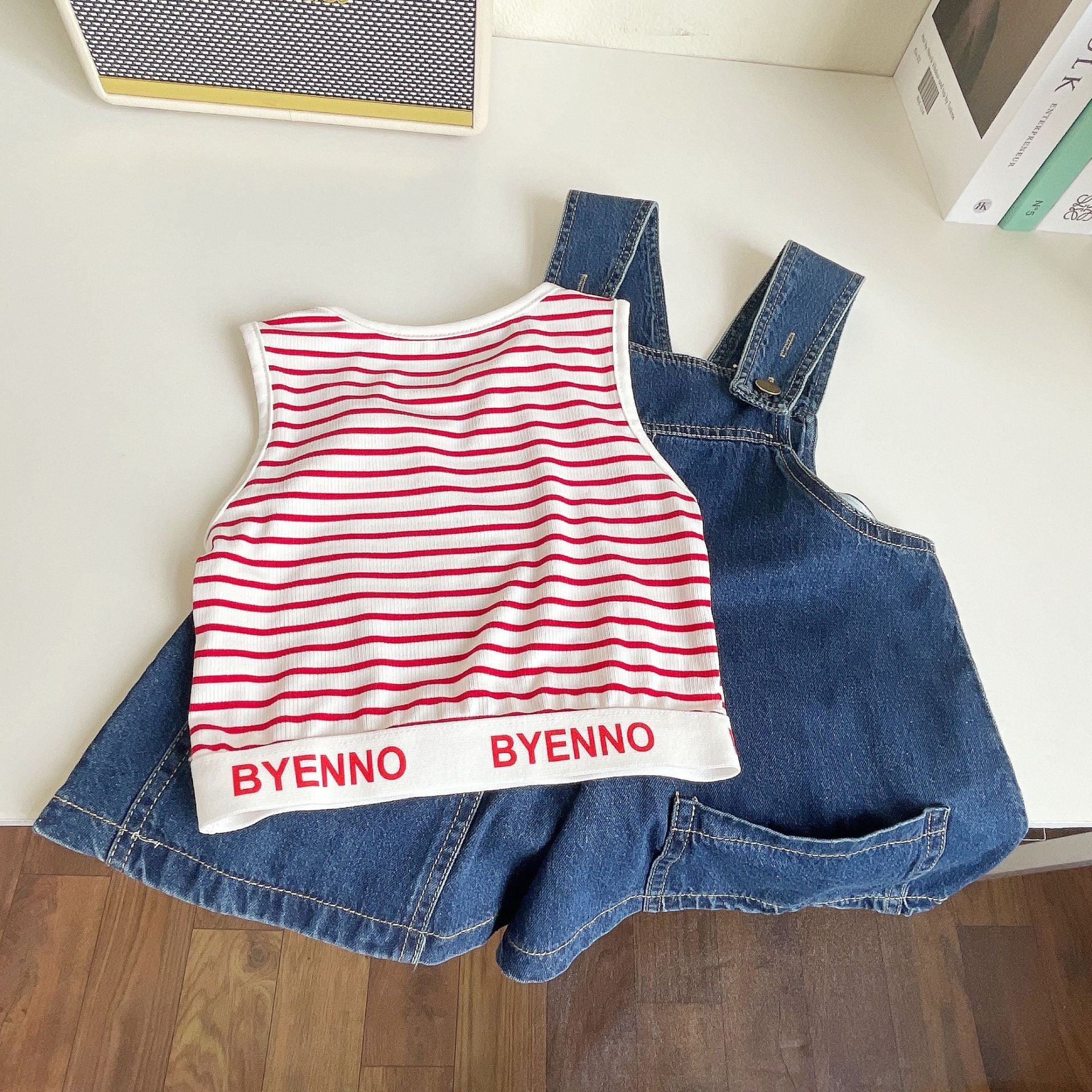 BABYHOKI STORE Usia 7 8 9 10 Tahun Baju Anak Tanggung Cewek [363613] - Setelan Singlet Overall Jeans Anak Perempuan - Motif Good Stripe
