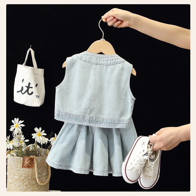 [363762] - Setelan Korea Sporty Padel Tennis One Set Denim Jeans Baju Crop Tanpa Lengan Bawahan Rok Mini Fashion Anak Perempuan - Motif Flower Button