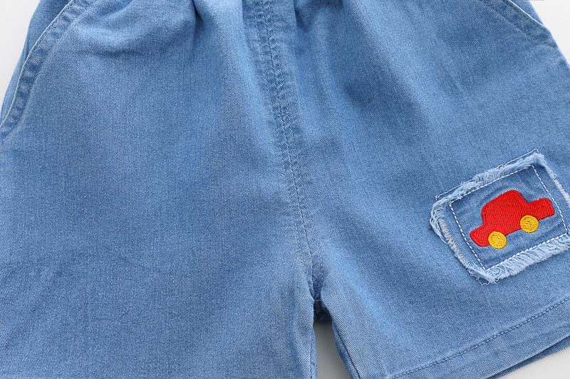 [368591] - One Set 2in1 Baju Setelan Atasan Polo Lengan Pendek Bawahan Celana Pendek Jeans Comfortable Casual Fashion Anak Laki Laki Cowok - Motif Cars - BABYHOKI STORE