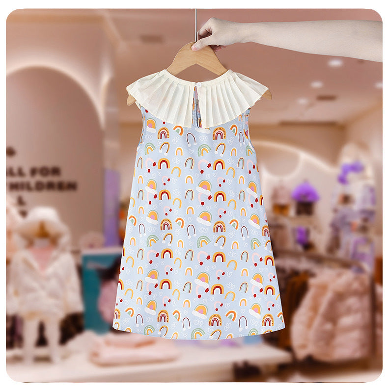 [507983] - Baju Dress Kerah Renda Fashion Anak Perempuan - Motif Rainbow Clouds