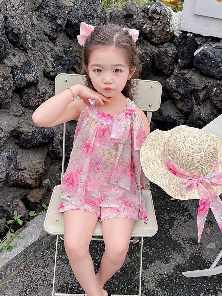 [963292] - One Set 2in1 Baju Setelan Atasan Lengan Kutung Bawahan Celana Pendek Korean Version Style Anak Perempuan Cewek - Motif Chiffon Floral - BABYHOKI STORE