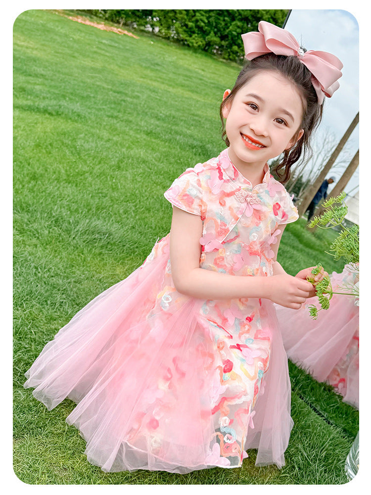 [963270] - Baju Gaun Dress Cheongsam Shanghai Imlek Lengan Kutung Chinese Fashion Anak Perempuan Cewek - Motif Sweet Pink Flower - BABYHOKI STORE