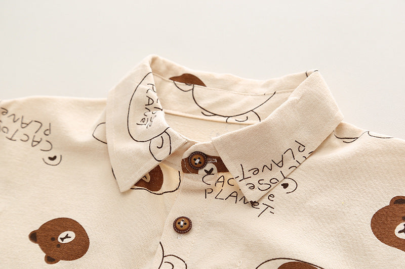 [345512] - One Set 2in1 Baju Setelan Casual Atasan Kemeja Lengan Panjang Bawahan Celana Panjang Jeans Fashionable Anak Laki Laki Cowok - Motif Bear Brown - BABYHOKI STORE - BABYHOKI STORE