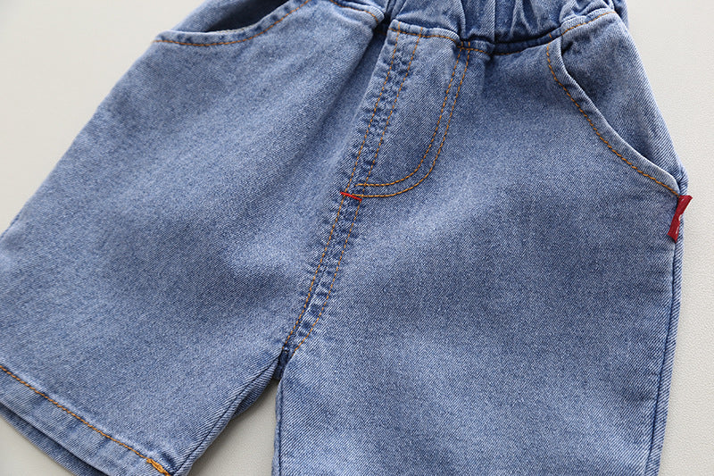 [345434] - Baju Setelan Kemeja Lengan Pendek Celana Pendek Jeans Anak Cowok Fashion - Motif Dog Love