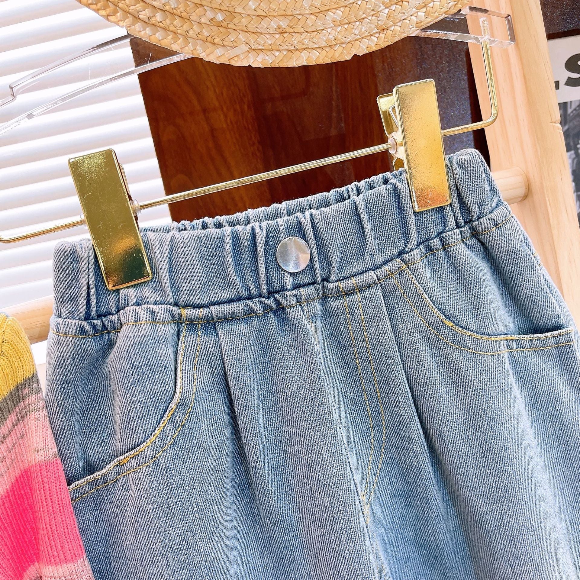 [363745] - Setelan Baju Atasan Rajut Celana Jeans Panjang Fashion Anak Perempuan - Motif Colorful Lines