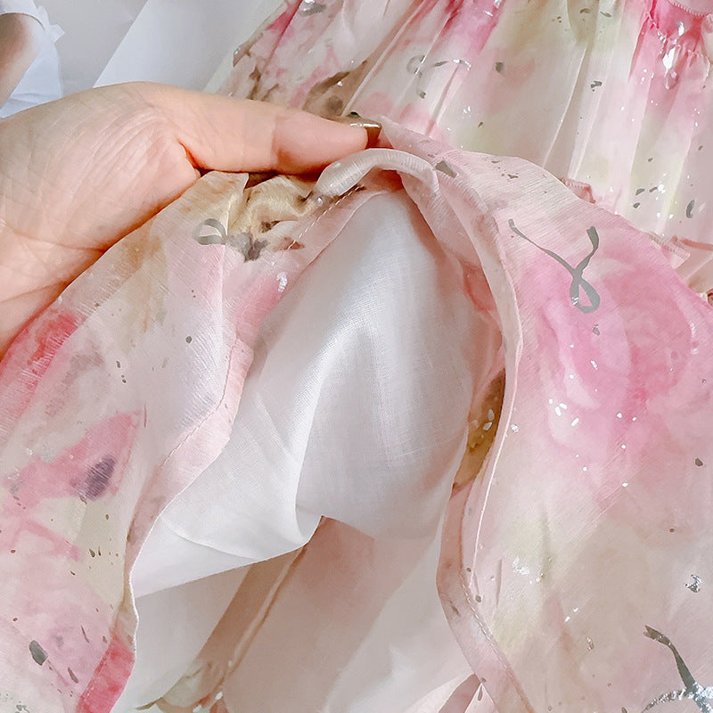 [363874] - Gaun Bunga Pink Baju Dress Ruffle Lengan Kutung Fashion Anak Perempuan Cewek - Motif Pink Floral Ruffle