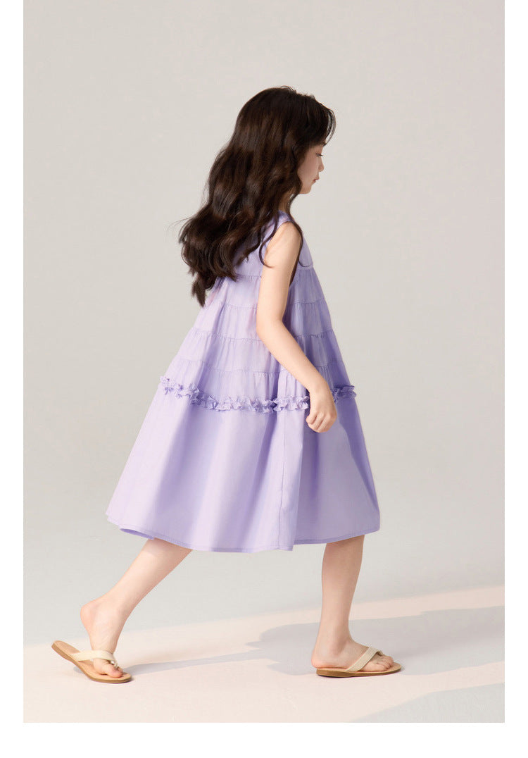 [5071119] - Baju Dress Gaun Purple Lengan Kutung Fashion Trendi Anak Perempuan Cewek - Motif Ruffled - BABYHOKI STORE