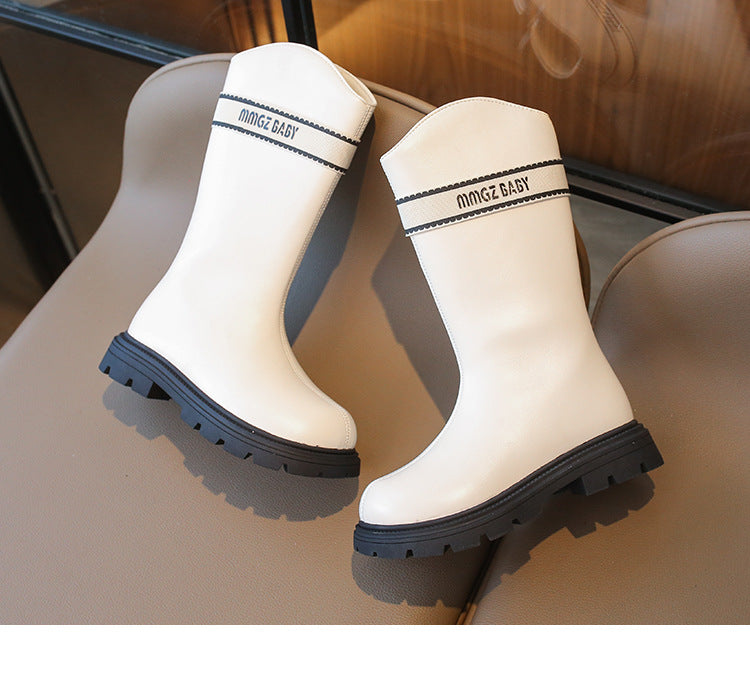 [381281 Size 26-35] - Sepatu High Boots Leathers Princess Shoes Fashion Anak Perempuan Cewek - Motif Writing Stripe - BABYHOKI STORE