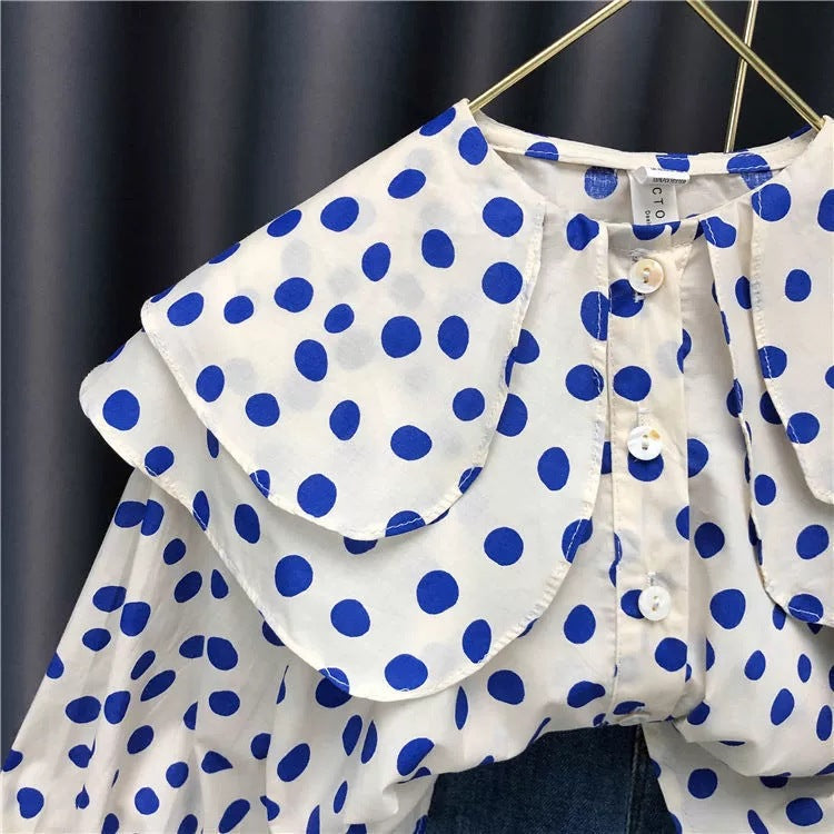 [363787] - Oneset Mewah Setelan Baju Blouse Lengan Panjang Celana Jeans Panjang Fashion Anak Perempuan Cewek - Motif Polka Denim
