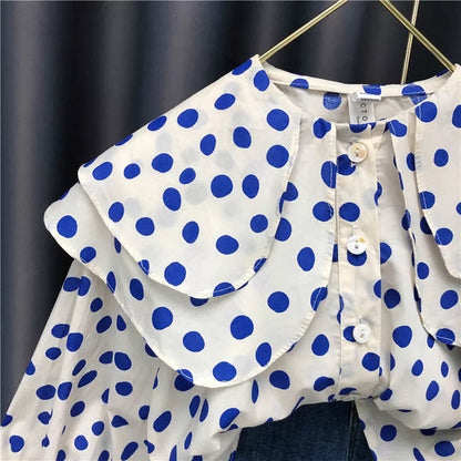 [363787] - Setelan Baju Blouse Lengan Panjang Celana Jeans Panjang Fashion Anak Perempuan - Motif Polka Denim