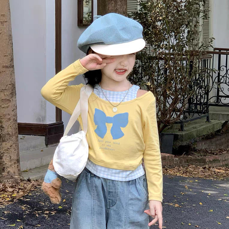 [363898] - One Set 2in1 Baju Setelan Atasan Kaos Lengan Panjang Bawahan Celana Panjang Denim Fashion Anak Perempuan - Motif Splicing Bow Top - BABYHOKI STORE