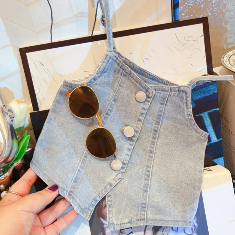 [963104] - One Set 3in1 Baju Setelan Atasan Kaos Lengan Kutung Vest Kutung Denim Bawahan Rok Panjang Fashion Korean Style Anak Perempuan Cewek - Motif Bottom Lace - BABYHOKI STORE