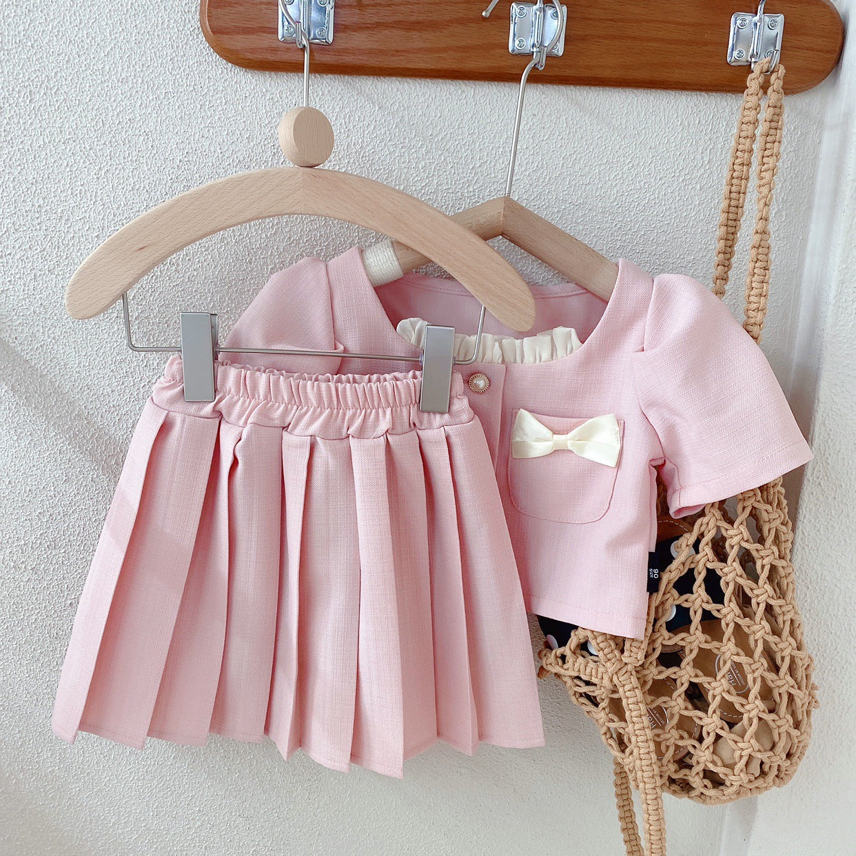 [363636] - Setelan Mewah Ala Korea Pink Oneset Atasan Cardigan Lengan Pendek Bawahan Rok Anak Perempuan - Motif Cute Ribbon