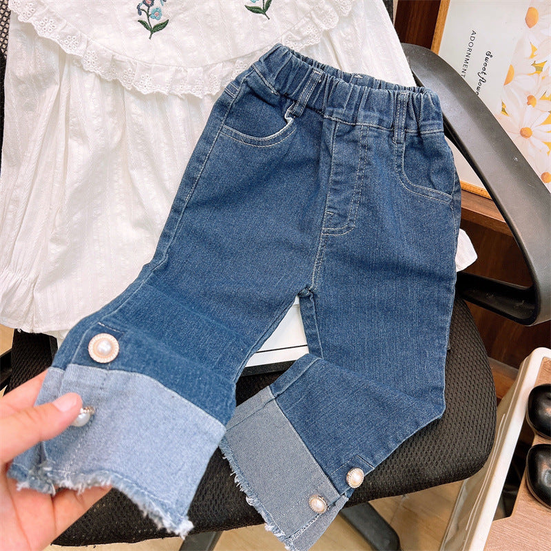 [363825] - Setelan Baju Blouse Lengan Panjang Celana Jeans Panjang Fashion Anak Perempuan - Motif White Flowers