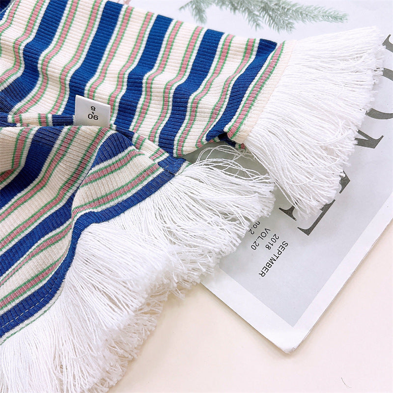 [363913] - One Set 2in1 Baju Setelan Atasan Rumbai Lengan Panjang Bawahan Celana Panjang Cutbray Denim Fashion Anak Cewek Perempuan - Motif Colour Stripe - BABYHOKI STORE - BABYHOKI STORE