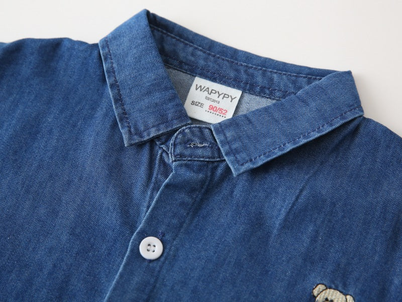 [383206] - Baju Atasan Kemeja Lengan Panjang Anak Laki-Laki Cowok  - Motif Minimalist Bear Patch - BABYHOKI STORE