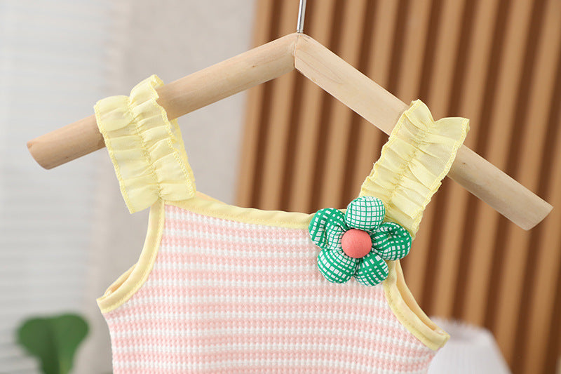 [352391] - Baju Setelan Crop Bawahan Rok Fashion Anak Perempuan - Motif Striped Flower