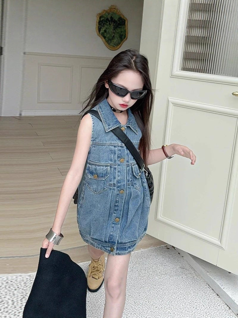 [5071179] - Baju Vest Dress Lengan Kutung Version Korean Style Anak Perempuan Cewek - Motif Denim - BABYHOKI STORE