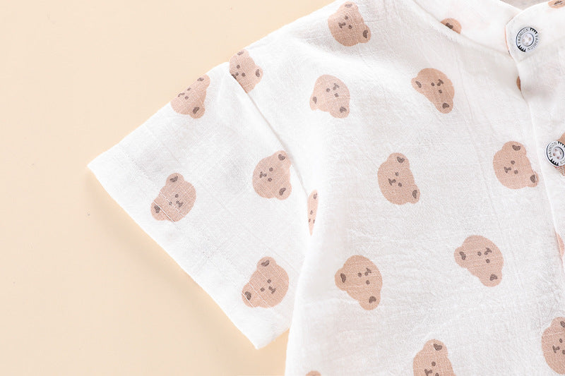 [345377] - Setelan Kemeja Koko Celana Pendek Denim Anak Laki-Laki - Motif Bear Head