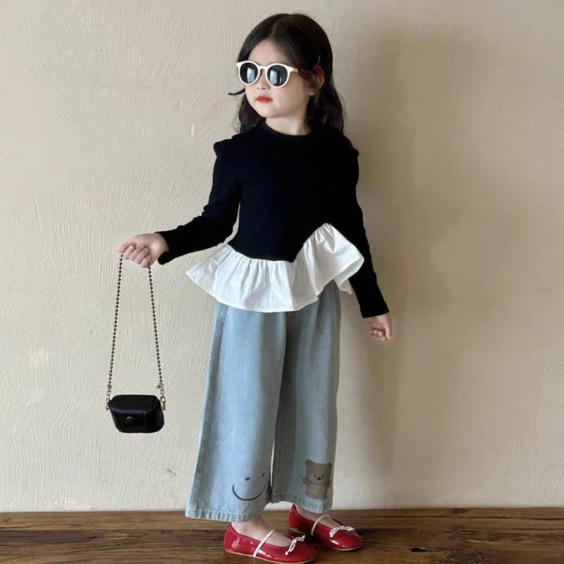[363906] - One Set 2in1 Baju Setelan Atasan Lengan Panjang Bawahan Celana Panjang Denim Fashion Anak Cewek Perempuan - Motif Ruffled Tops T-shirts Bear Jeans - BABYHOKI STORE