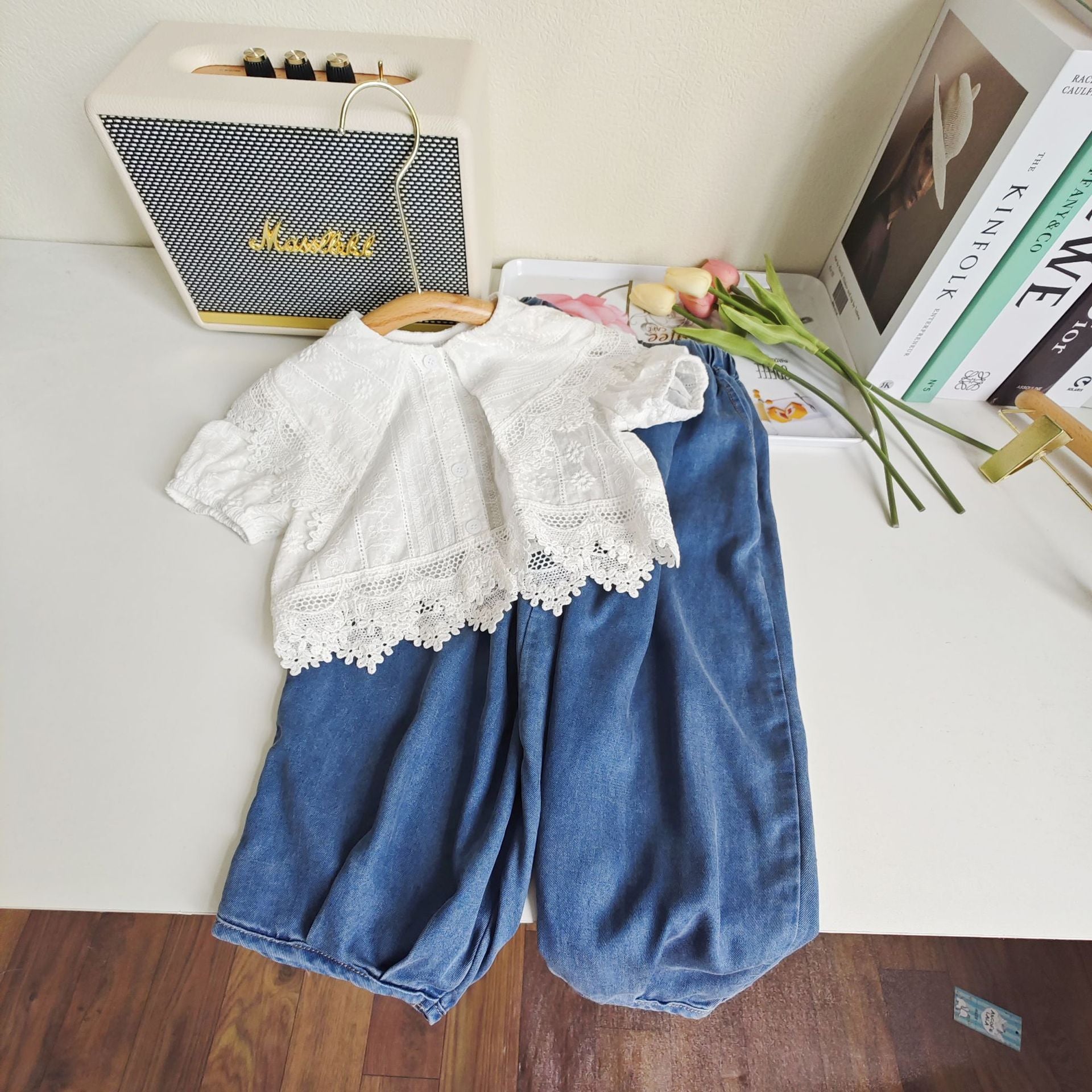 [363653] - Setelan Blouse Celana Panjang Jeans Import Anak Perempuan - Motif Oblique Collar