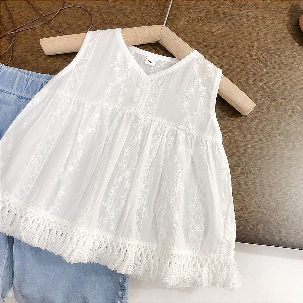 [363972] - One Set 2in1 Baju Setelan Atasan Lengan Kutung Bawahan Celana Panjang Kulot Korean Outfit Fashion Style Anak Cewek Perempuan - Motif Lace Rumbai - BABYHOKI STORE